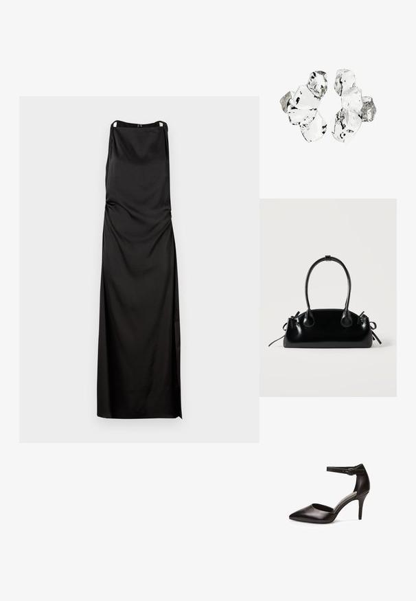 Schwarzes ärmelloses Kleid mit gerader Silhouette, aus glattem Stoff gefertigt. Besitzt Raffung und einen seitlichen Schlitz für zusätzliche Details.; Schwarzer Leder-Pumps mit spitzem Zehenbereich, Knöchelriemen und schmalem Absatz. Glatte Textur und minimales Zubehör.; Kleine schwarze glänzende Handtasche mit zwei langen Griffen und seitlichen Kordelzug-Details vor einfachem hellem Hintergrund.; Cluster von sechs unregelmäßig geformten, transluzenten und reflektierenden glasähnlichen Stücken, angeordnet auf weißem Hintergrund.