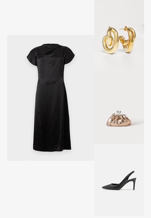 Sort satin kjole med en cowl halsudskæring og korte ærmer, der har en flydende silhuet og en sidesløjfe for nem bevægelse.; Sorte læder slingback høje hæle med spids tå-design, der har en udskæring fortil og en tynd stiletto-hæl.; Lille gylden metalisk clutch taske med sølvspænde og kæderem på ensartet lyst baggrund.; Charlotte Chesnais BO INITIAL BLOW - Øreringe - gold-coloured