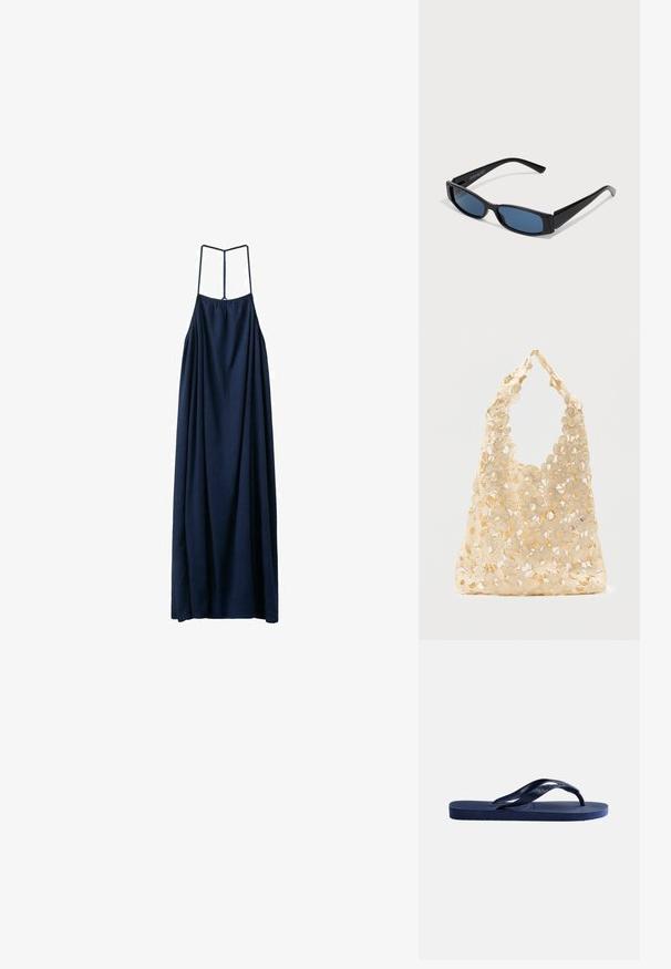 Lange marineblauwe mouwloze jurk met dunne bandjes en een losse, vloeiende silhouet.; Donkerblauwe rubberen teenslipper met een gestructureerde zool en een Y-vormige band op een effen lichte achtergrond.; Zwarte zonnebril met een slank rechthoekig frame en blauwe lenzen. Heeft een gladde textuur en stevige pootjes. Merklogo aan de zijkant.; Beige gehaakte boodschappentas met open bloemmotief, met grote en kleine bloemen en een enkele lusvormige handgreep.