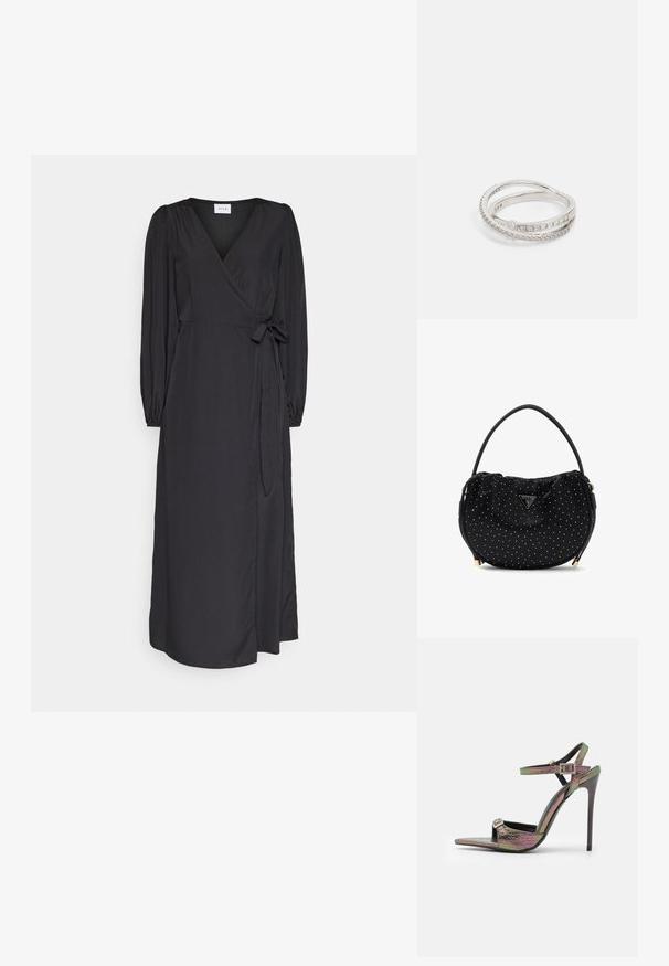 Vestido negro ajustado con mangas largas abullonadas, escote en V y detalle de cinta en la cintura. Tejido suave con una silueta fluida.; Sandal de tacón alto con un estampado de serpiente texturizado y multicolor. Presenta correas de tobillo ajustables y un diseño de punta afilada.; Bolso de tela negra con lunares blancos y un diseño curvo. Presenta un acabado brillante, un asa superior y un logo triangular plateado.; Anillo de plata con dos bandas entrelazadas, que presenta una fila de pequeñas piedras transparentes a lo largo de una banda y una superficie pulida y suave.