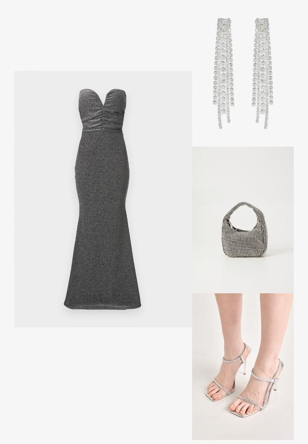 Vestido sin tirantes, ajustado y de longitud hasta el suelo en tejido metálico negro. Presenta detalles fruncidos en el busto y una silueta de sirena.; Pies que llevan sandalias de tacón alto plateadas con correas finas y puntas cuadradas, de pie sobre una superficie de color claro.; Bolso de mano negro con forma redondeada, cubierto de pequeños rhinestones plateados, con un asa corta y un cierre de cremallera en la parte superior.; Pendientes largos de plata que presentan una variedad de cristales transparentes facetados en cascadas con diferentes longitudes y formas.