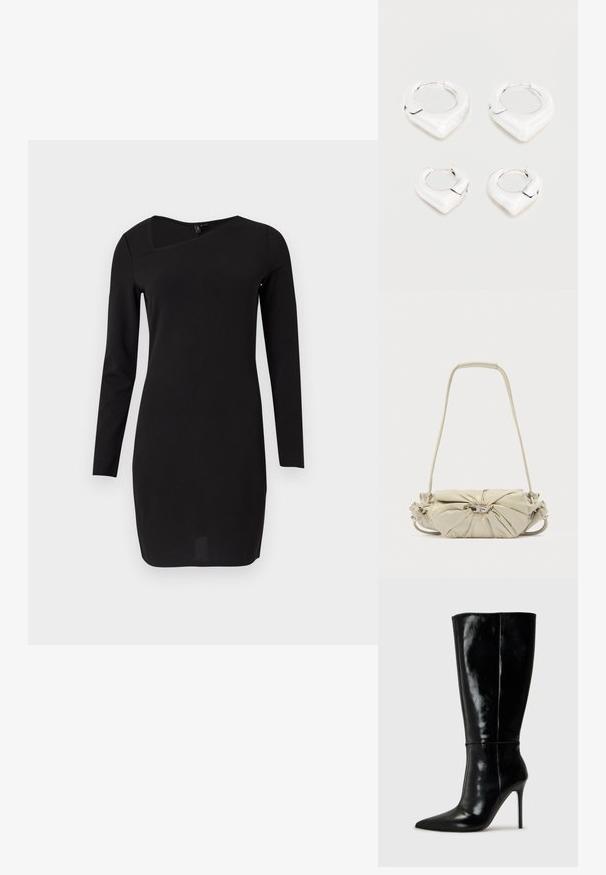 Robe noire à manches longues avec un décolleté asymétrique et un design ajusté. Fabriquée dans un tissu lisse, elle tombe juste au-dessus des genoux.; Bottes noires en cuir, hautes jusqu'au genou, avec un bout pointu et un talon aiguille haut. Texture lisse et design épuré, avec un minimum de détails.; Sac à bandoulière en cuir beige avec un design froncé et un détail boucle argentée, équipé d'une longue bandoulière et d'une section de poignée rembourrée.; Deux paires de boucles d'oreilles créoles argentées brillantes avec un design distinctif en forme de V pointu, présentées sur un fond blanc.