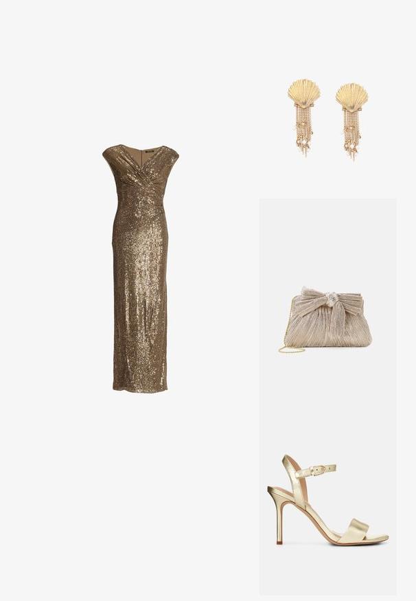 Abendkleid ohne Ärmel aus goldenen Pailletten mit V-Ausschnitt, Wickeldesign und figurbetontem langen Schnitt.; Goldfarbene, metallische, geschnürte High-Heel-Sandale mit einer Schnallenverschluss, offenem Zehenbereich und glatter Textur. Verfügt über einen schmalen, spitzen Absatz.; Metallisch goldfarbene Clutch-Tasche mit plissiertem Stoff, einschließlich einer Schleifendetail oben und einem goldenen Kettenriemen für Vielseitigkeit und einfachen Transport.; Goldene Ohrringe in Muschelform mit mehreren hängenden Ketten, verziert mit kleinen weißen Perlen und Perlen.