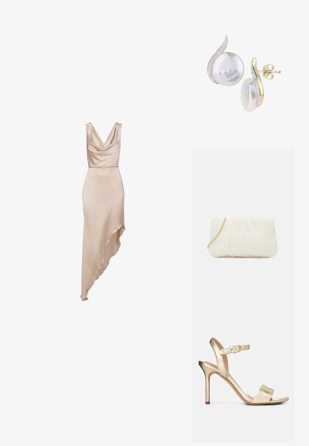 Beige satinærmeløs kjole med draperet halsudskæring og asymmetrisk kant, længere på den ene side.; Guldmetallic, strop-sandale med høj hæl og spænde-lukning, åben tå og glat overflade. Har en slank, spids hæl.; Hvid tekstureret clutchtaske med en samlet design, der har en guld kædestrop. Glat finish med subtile bølger og afrundede kanter.; Hvide perleøreringe med en buet gulddetalje og en diamantholder langs kanten. Glat, skinnende overflade med et elegant design.