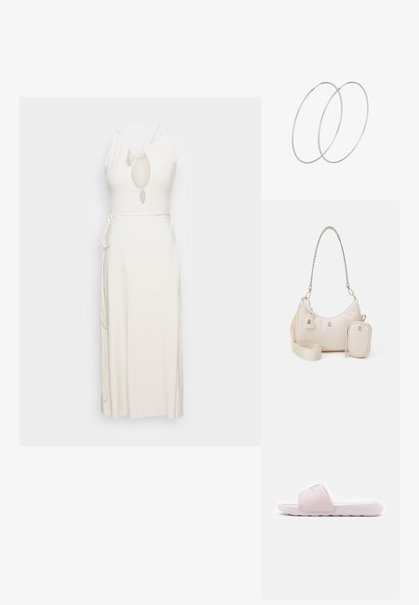 Weekday ARYA DRESS - Vestido largo - beige; Sandalia de slide rosa con una suela de goma flexible, tirante acolchado y diseño minimalista. Presenta un logo en la tira y textura suave.; Bolso de mano de cuero beige con forma curva, correa de cadena, herrajes plateados y un pequeño bolso extraíble. Correa texturizada con patrón de logo.; Pendientes de aro plateados con un diseño minimalista. Forma circular, textura suave y perfil delgado. Livianos con un acabado pulido.