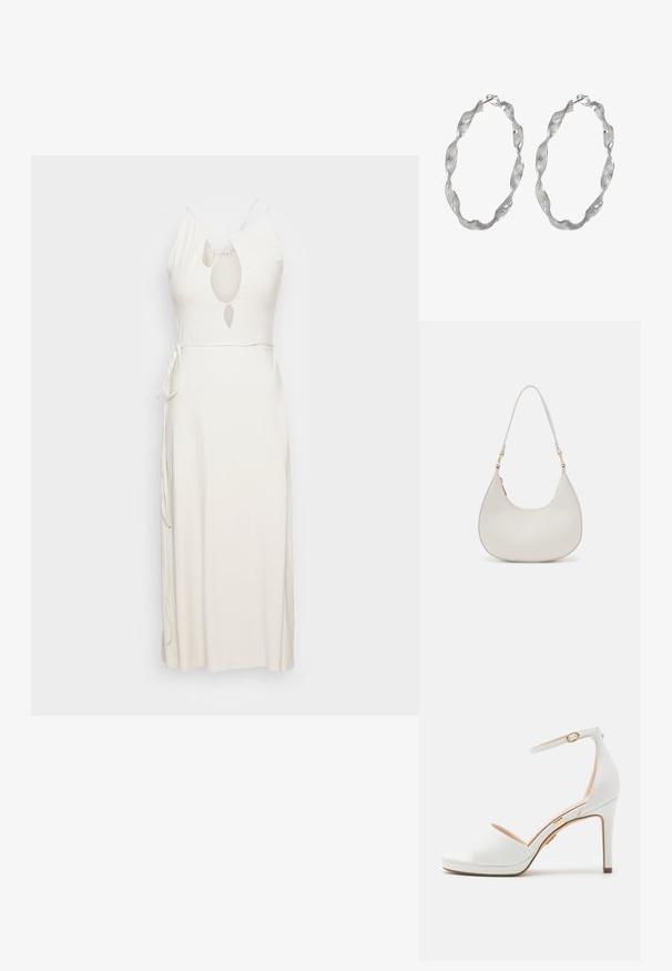 Weekday ARYA DRESS - Maxikjoler - beige; Hvid højhælet sandal med ankelrem og åben tå, med en tynd gylden spænde og en slank stiletthæl.; Cremefarvet læder skuldertaske med en halvmåneform, tynd rem og diskrete syninger. Minimalistisk design med hardware-accenter i guldton.; Sølv hoop øreringe med et snoet design, der har en tekstureret overflade og en sikker lås. Letvægts og reflekterende med en glat finish.