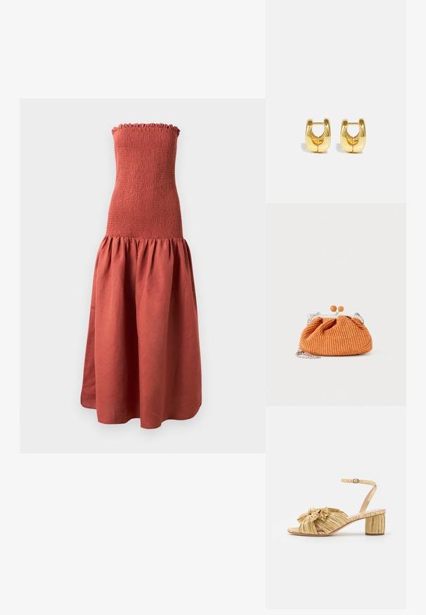 Lang, stropløs kjole med en smocket bodice i rustfarve, med en flagrende, samlet nederdel for et tekstureret look.; Gyldne hælede sandaler med en struktureret, plisseret design og en fremtrædende sløjfedetail. Ankelslynge med justerbar spænde, mellemstor blokhæl.; Lille orange flettet clutch-pung med sølvmetalramme, rund lukning og en sølvkæde-rem på en hvid baggrund.; Guld hoops øreringe med et slankt, afrundet design. Har en hul midte og en blank overflade, der komplementerer moderne stilarter.