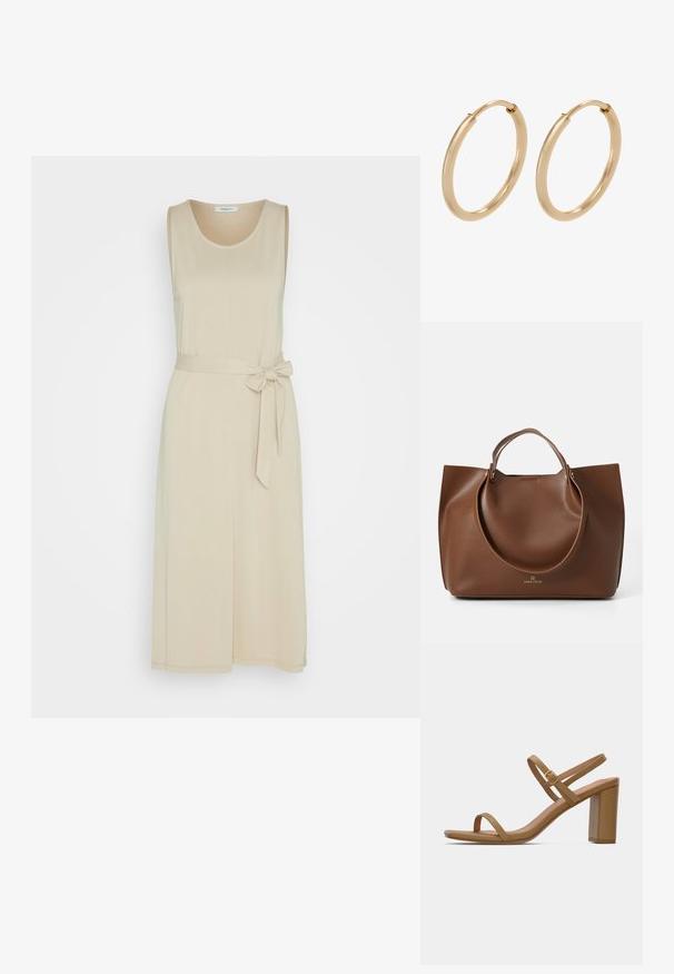 MSCH Copenhagen DEANIE LYNETTE DRESS - Vestido ligero - fields of rye; Sandalias de tacón de color marrón claro con dos correas delgadas y un tacón cuadrado. Material suave con un diseño minimalista y un pequeño detalle de hebilla dorada.; Bolsa tote de cuero marrón con una textura suave, grandes asas circulares, con un diseño minimalista y un logo grabado en la parte inferior.; Pendientes de aro de oro con un acabado suave y pulido. Forma redondeada, tamaño mediano, con un mecanismo de cierre seguro.