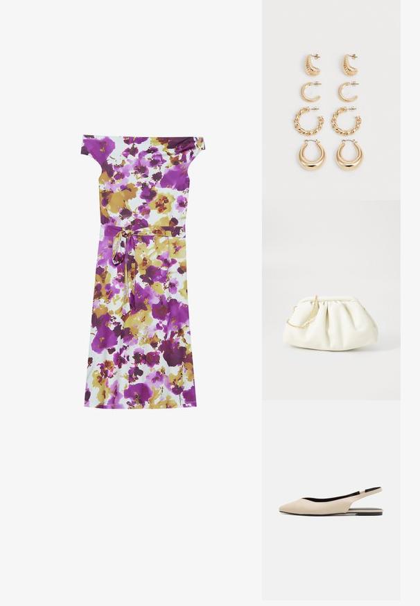 Af-shoulder blomsterkjole med lilla, gul og hvid nuancer. Letvægtsstof med et bindsnor i taljen, flydende silhuet.; Beige læder slingback flade sko med spidse tæer, minimalisk design, glat tekstur og en lav sort sål.; Hvid læderhåndtaske med en samlede design, forsynet med en guldkæde-strop og en rund form. Glat tekstur med bløde folder og ingen mønstre.; Sæt af fem guldøreringe med forskellige designs: snoede, ribbede og glatte overflader i hoop- og halvmåneformer.