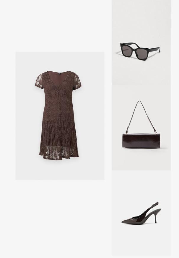 Vestido corto marrón de encaje con mangas cortas, escote en V y estampado floral, con detalle de dobladillo en capas.; Zapato de tacón alto tipo slingback en piel sintética brillante de color marrón oscuro, con punta afilada, laterales abiertos y correa ajustable en el tobillo.; Gafas de sol negras con montura sólida de plástico. Lentes cuadrados con tinte degradado. Textura lisa y varillas ligeramente curvadas para un ajuste seguro.; Bolso rectangular de cuero negro con una sola correa larga y acabado brillante, exhibido sobre un fondo blanco liso.