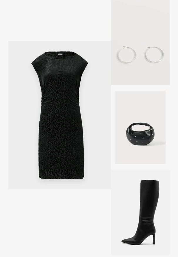 Robe en velours noir avec un motif léopard, dotée de manches courtes, d'un col rond et d'une coupe ajustée pour une silhouette élégante.; Even&Odd by Zalando Bottes - black; Sac à main en cuir noir de forme arrondie, décoré de clous argentés et équipé d'une poignée courte. Texture lisse et fermeture éclair.; Boucles d’oreilles créoles en métal argenté avec une surface lisse légèrement incurvée et des fermoirs à clapet sur un fond blanc uni.