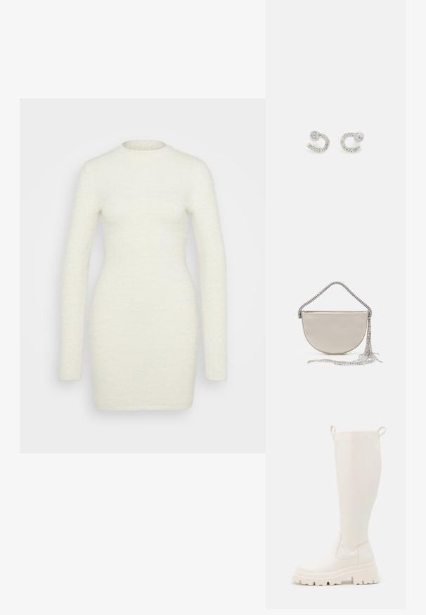 Robe à manches longues en tissu blanc doux et texturé ; silhouette ajustée avec un col rond et une finition lisse, s'étendant jusqu'au milieu des cuisses.; Bottes en caoutchouc blanches jusqu'aux genoux avec une semelle épaisse et des panneaux élastiques sur les côtés. Elles sont dotées de languettes en haut pour un enfilage facile. Texture lisse.; Sac à main en satin beige en forme de demi-lune avec une chaîne en argent scintillante et des détails à franges. Texture lisse avec un design minimaliste.; Boucles d'oreilles en argent en forme de lettre C courbée, ornées de rhinestones ronds et transparents le long du bord. Texture métallique lisse.
