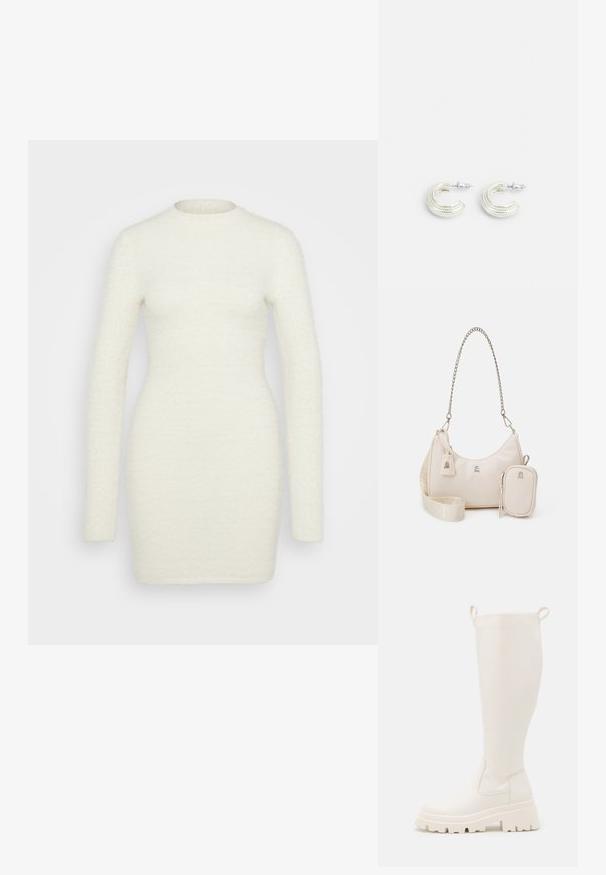 Robe à manches longues en tissu blanc doux et texturé ; silhouette ajustée avec un col rond et une finition lisse, s'étendant jusqu'au milieu des cuisses.; Bottes en caoutchouc blanches jusqu'aux genoux avec une semelle épaisse et des panneaux élastiques sur les côtés. Elles sont dotées de languettes en haut pour un enfilage facile. Texture lisse.; Sac à main en cuir beige avec une forme courbée, une bandoulière en chaîne, quincaillerie en argent et une petite pochette amovible. Bandoulière texturée avec un motif de logo.; Boucles d'oreilles en ton argent, au design en anneau torsadé, présentant une surface texturée et des détails nervurés, sécurisées par une fermeture à tige.
