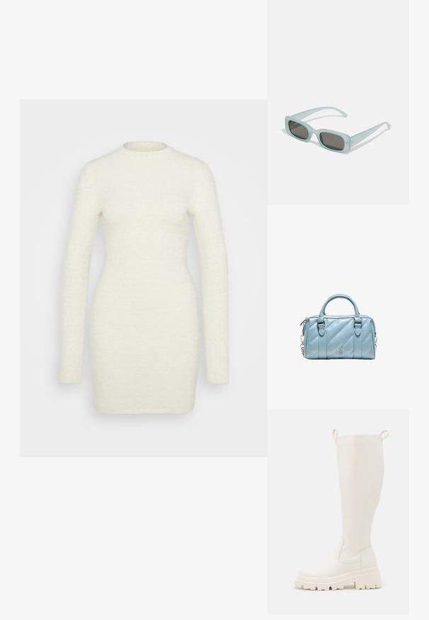 Robe à manches longues en tissu blanc doux et texturé ; silhouette ajustée avec un col rond et une finition lisse, s'étendant jusqu'au milieu des cuisses.; Bottes en caoutchouc blanches jusqu'aux genoux avec une semelle épaisse et des panneaux élastiques sur les côtés. Elles sont dotées de languettes en haut pour un enfilage facile. Texture lisse.; Une paire de lunettes de soleil rectangulaires avec des montures translucides bleu clair et des verres gris foncé, présentant des branches droites et des détails matériels minimaux.; Sac à main en cuir matelassé bleu clair avec double poignées, fermeture éclair argentée et petit emblème métallique décoratif sur le devant.