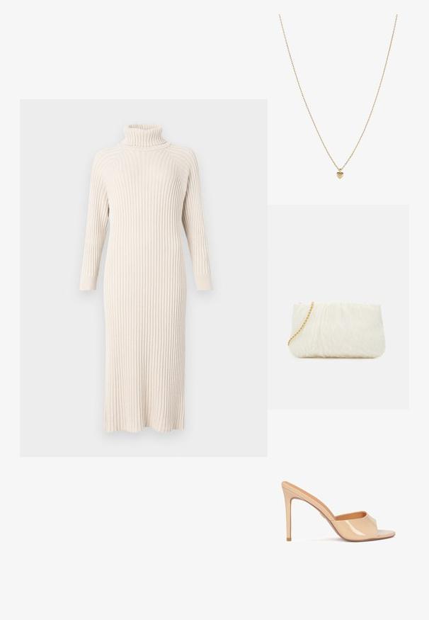 Vestido de punto en blanco roto con cuello alto y mangas largas. Presenta una textura acanalada y una longitud a mitad de la pantorrilla, con un diseño simple y sin costuras.; Mule de charol beige de tacón alto con punta abierta, diseño de tira curvada y tacón de aguja, que presenta un sutil detalle en dorado.; Bolso de mano texturizado blanco con un diseño fruncido, que cuenta con una cadena dorada. Acabado liso con suaves ondas y bordes redondeados.; Collar en tono dorado que presenta una cadena delicada y un pequeño colgante en forma de corazón con un acabado suave. Diseño simple y elegante.