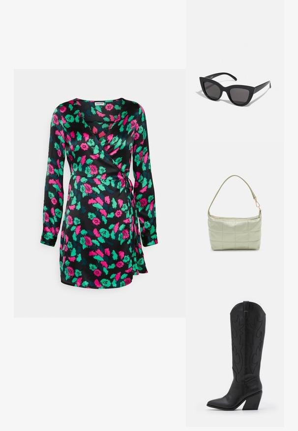 Noisy May Petite NMSTELLA WRAP DRESS - Denné šaty - black; Čierne kožené kovbojské topánky s špicatou špičkou, zúženým stohovaným podpätkom a dekoratívnym prešívaním pozdĺž strán.; Čierne slnečné okuliare v štýle mačacích očí s matným povrchom, so šedými tónovanými sklami, ostrými hranami a elegantnými bokovými ramenami. Názov značky je viditeľný na vnútornom ramene.; Polstrovaná zelená ramenná taška s mäkkou textúrou, obdĺžnikovým tvarom, jedným popruhom a zlatou zipsovou uzáverou. Obsahuje prešívaný vzor.