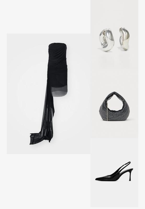 Robe noire sans bretelles avec tissu froncé, présentant un voile transparent et un panneau allongé et fluide d'un côté. Texture lisse sur l'ensemble.; Escarpin en cuir verni noir à bride arrière, avec un bout pointu, un design épuré et un talon aiguille fin. Texture lisse, embellissements minimaux.; Sac à main en maille noire orné de clous en argent, avec une poignée incurvée et une bandoulière en chaîne. Texture douce avec une forme arrondie.; Boucles d'oreilles sculpturales en argent avec des formes douces et courbes et des surfaces réfléchissantes. Présentent un design de boucle fermée et une forme organique distincte.