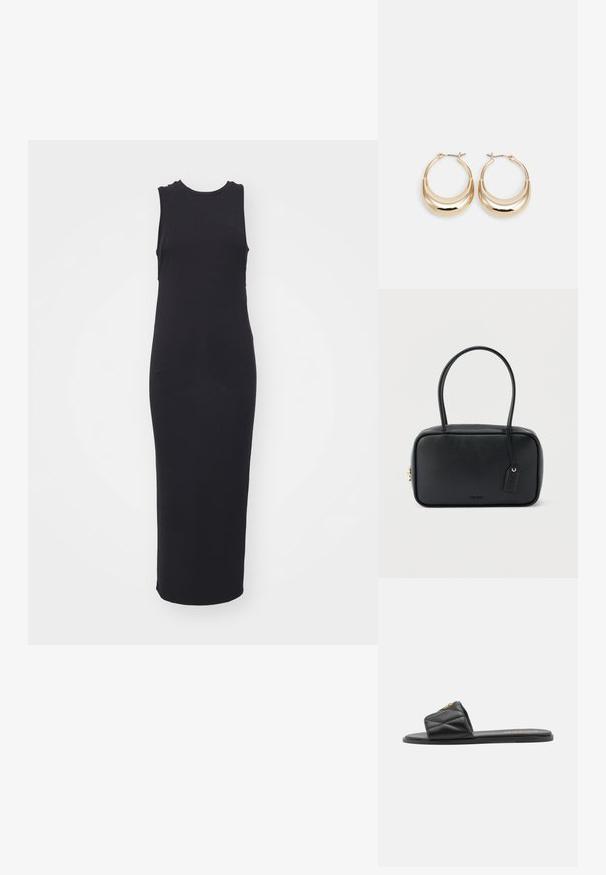 Robe maxi noire sans manches en tissu doux. Dotée d'un col rond et d'une silhouette ajustée, avec des fentes latérales pour plus de confort dans le mouvement.; Sandale à glissière noire matelassée avec une semelle plate, ornée d'un accent doré sur la sangle. Fabriquée en matériau synthétique avec une texture lisse.; Sac à main rectangulaire noir avec doubles poignées arrondies, fermeture éclair dorée et logo "HUGO" embossé sur le devant avec une étiquette en cuir attachée.; Boucles d'oreilles créoles dorées en forme de croissant, avec une surface polie et un fermoir à charnière. La texture lisse et la finition réfléchissante améliorent la visibilité.