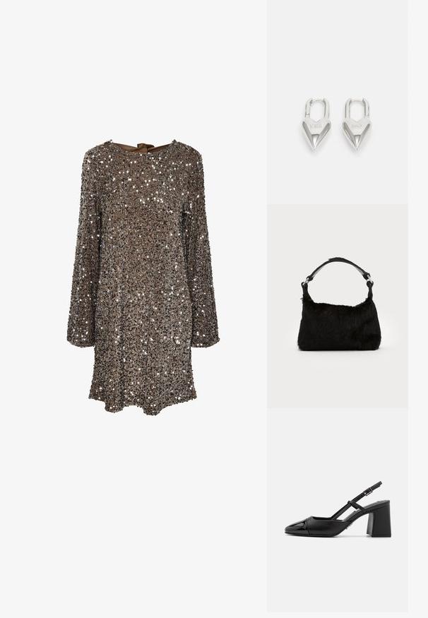 Robe à manches longues en tissu marron recouverte de sequins argentés, avec un col rond et un nœud dans le dos. Surface réfléchissante et texturée.; Escarpin en cuir verni noir à talon bloc avec un bout pointu et une bride réglable. Texture lisse et design minimaliste.; Sac à main en fausse fourrure noire avec une texture douce, une forme arrondie et une bandoulière en cuir noir robuste. Accent en métal argenté visible.; Cadenas en forme de cœur en argent avec les inscriptions gravées "OUI" et "NON", finition polie, design symétrique et un robuste fermoir en métal.