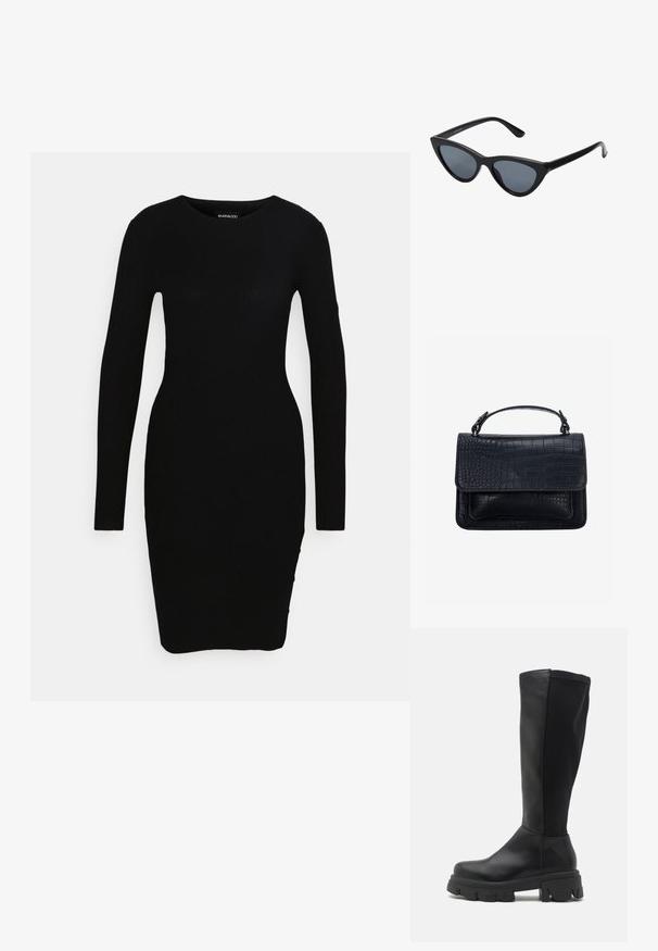 Even&Odd by Zalando Robe de jour - black; RAID WILMA - Bottes à plateau - black; Lunettes de soleil noires en forme d'œil de chat avec des verres gris foncé, monture en plastique élégante, coins pointus et branches droites. Pas de métal visible ni d'accents.; Sac à main noir avec texture crocodile, forme rectangulaire, rabat supérieur et une seule poignée courte.