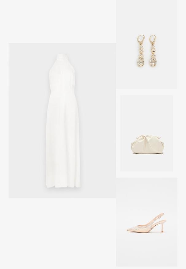 Robe maxi sans manches blanche avec un col haut, un tissu lisse, un corsage ajusté et une jupe fluide. Design simple sans motifs visibles.; Steve Madden VERO - Escarpins à talons hauts - champagne; Pochette en cuir souple couleur crème avec un design froncé et une fine bandoulière reposant à l’avant sur un fond uni.; Boucles d'oreilles pendantes dorées présentant un cristal ovale transparent à la base, rehaussé de plus petits cristaux et de détails floraux au-dessus.