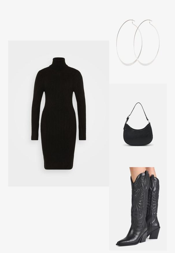 Robe noire en tricot côtelé avec un col roulé haut, des manches longues et une coupe ajustée. Texture lisse et design mi-mollet.; Bottes de cowboy en cuir noir avec bouts pointus, coutures décoratives et talons blocs inclinés portées par une personne.; Sac hobo noir en cuir lisse avec une silhouette arrondie, doté d'une seule sangle ajustable et de détails de design minimalistes.; Boucles d'oreilles en argent avec un design fin et lisse ; forme ovale allongée ; finition polie ; présente un fermoir à crochet sécurisé.