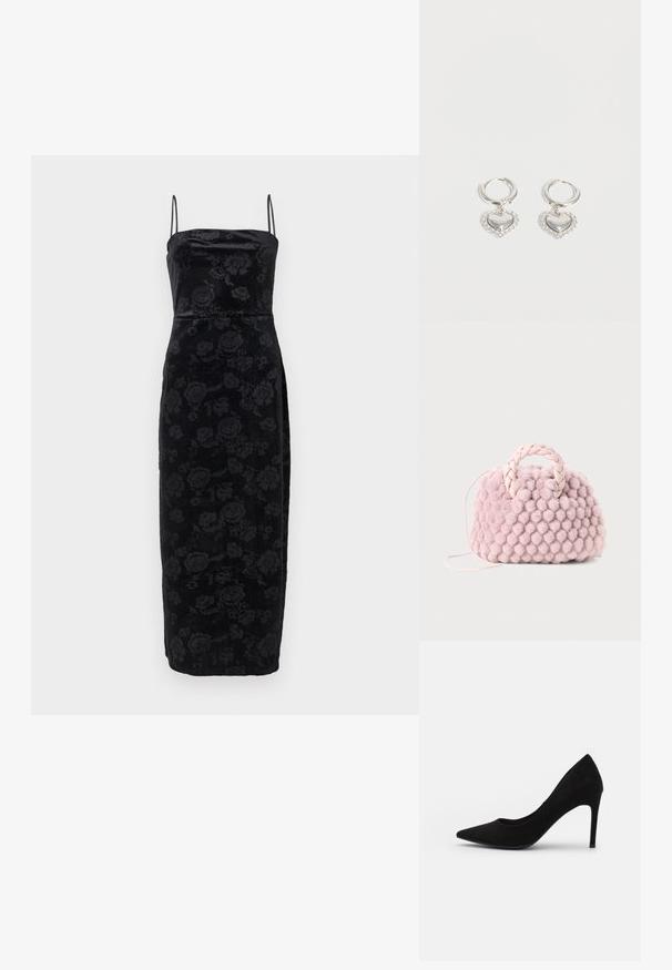 Vestido midi de terciopelo negro con un sutil estampado floral, escote recto y tirantes finos tipo espagueti.; Zapato de tacón alto de ante negro con punta afilada, textura suave y tacón de aguja delgado. Diseño clásico con una silueta elegante.; Bolso de mano texturizado en forma de pom-pom rosa con un asa trenzada y una correa delgada. Forma redonda, superficie suave, diseño compacto.; Pendientes pequeños de aro de plata con colgantes en forma de corazón que presentan bordes delicados con cuentas y texto grabado.