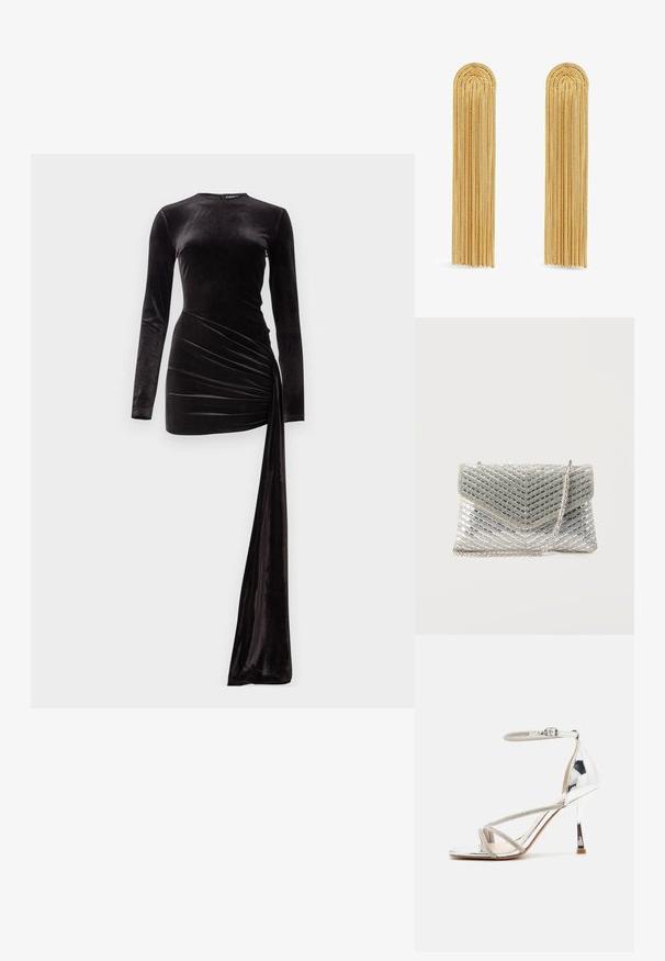 Vestido de terciopelo negro de manga larga con un corsé ajustado y un dobladillo asimétrico drapeado. La textura suave y la silueta elegante son características notables.; Sandalia de tacón alto plateada con un diseño de tiras, material brillante, acentos de strass y una correa delgada en el tobillo. Punta cuadrada y tacón pulido.; Bolso de mano plateado con patrones diagonales de cristales y una correa de cadena plateada sobre un fondo blanco liso.; Pendientes en tono dorado con largas franjas de cadenas en cascada y extremos redondeados, que exhiben un intrincado enlace y una textura suave.