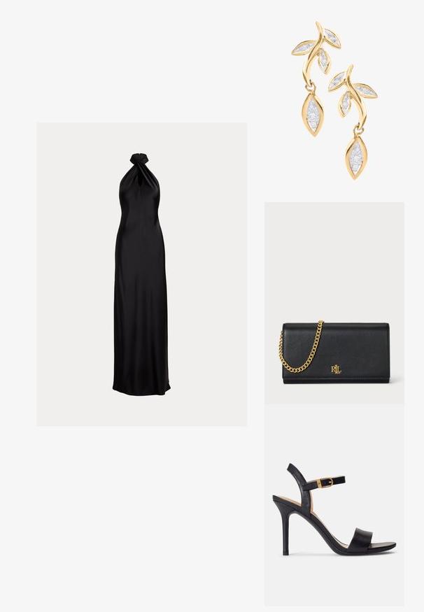 Schwarzes Satin-Abendkleid mit Neckholder und verdrehtem Detail am Ausschnitt, tailliertem Oberteil und bodenlangem Rock.; Schwarze Sandalen mit hohen Absätzen und glattem Leder-Obermaterial, offene Zehenpartie und einem Design mit einem einzigen Riemen, verziert mit einer goldenen Schnalle.; Schwarze Lederbörse mit einer goldenen Kettenriemen, ausgestattet mit einem goldenen Logo auf der Vorderseite. Minimalistisches Design mit einer glatten Textur und schlanker Form.; DIAMANT L'ÉTERNEL Ohrringe - gold coloured