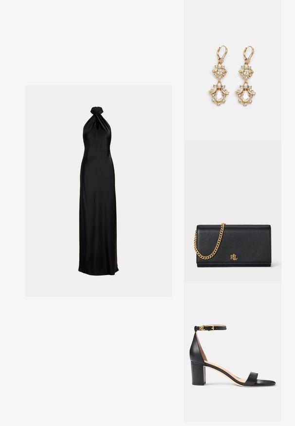 Čierne saténové večerné šaty s halter neck, skrúteným detailom na výstrihu, priliehavým živôtikom a sukňou po zem.; Lauren Ralph Lauren LOGAN BURNISHED LEATHER SANDAL - Sandále - black; Čierna kožená peňaženka so zlatým reťazovým popruhom, s gold logom na prednej strane. Minimalistický dizajn s hladkou štruktúrou a štíhlym tvarom.; Zlaté visiace náušnice s dizajnom zhlukovania, obsahujúce okrúhle a slzovité priehľadné kryštály, ktoré predvádzajú precízne detaily.