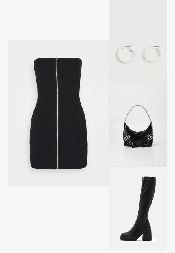 Weekday KLARA MINI TUBE DRESS - Cocktail φόρεμα / Φόρεμα για πάρτι - black; Μαύρες μπότες μέχρι το γόνατο κατασκευασμένες από λείο συνθετικό υλικό, με χοντρό τετράγωνο τακούνι και κομψό σχέδιο με ελαστική πάνω πλευρά.; Μαύρη τσάντα από πατεντέ δέρμα με γυαλιστερή ασημένια αλυσίδα λαβής, που διαθέτει διακοσμητικές λωρίδες και μεταλλικά γρύλια. Κομψή, καμπυλωτή μορφή.; Ζευγάρι μεσαίου μεγέθους γυαλιστερά ασημένια σκουλαρίκια κρίκοι με λεπτά μεταλλικά κλείστρα σε ανοιχτό ουδέτερο φόντο.