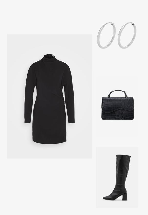 Calvin Klein STRUCTURE SHIFT DRESS - Etui-jurk - black; RAID BLICK - Laarzen - black; Zwarte leren handtas met krokodillenstructuur, rechthoekige vorm, gebogen klep en korte toplus.; Zilveren hoepeloorbellen, cirkelvormig, met een gladde glanzende textuur en een constante breedte. Minimalistisch ontwerp zonder extra accenten.