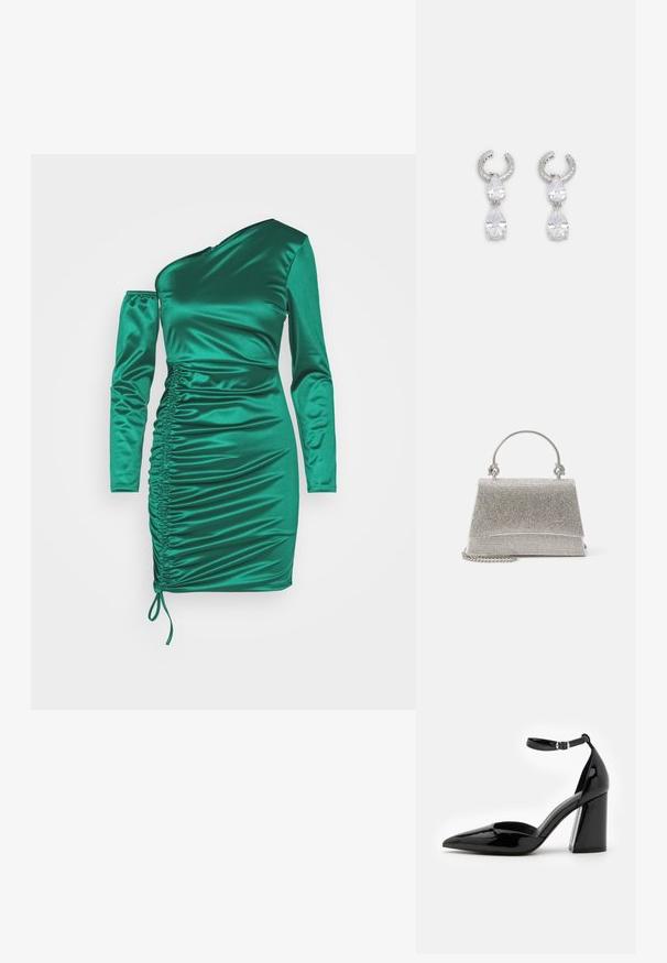 WAL G. PARTY MAGGIE GATHERED MINI - Cocktailkjole / festkjole - leaf green; Sorte patenterede læder høje hæle med spids tå, ankelrem og bred blokhæle for stabilitet, med en glat og skinnende overflade.; ALDO FELISIA - Håndtasker - silver-coloured; Sølv øreringe med et tekstureret hoops-design, der har to klare dråbeformede krystaller og en mindre firkantet krystal nederst.