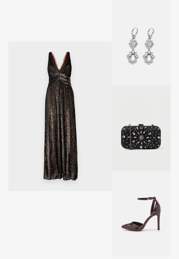 Halston ESRA STRIPED - Pidulikud riided - black; Burgundi patendiga nahast kõrged kontsad terava ninaga, pahkluupannal ja 10 cm kõrge stiletokontsaga. Sile tekstuur ja minimaalne disain.; Mustvalge käekott, millel on ristküliku kuju, kaunistatud erinevate sädelejate lillemustriga, ning hõbedane keti kandmine.; Hõbedatoonilised kõrvarõngad, mis sisaldavad mitmeid läbipaistvaid kristalle tilgakuju ja marquise kujudes, koos lukustatavate riiulitega ja keeruka nikerdustega.