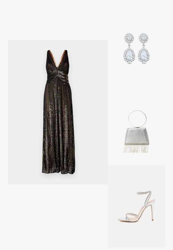 Halston ESRA STRIPED - Robe de cocktail - black; Sandale à talons hauts en argent avec des fines lanières, ornée de strass, présentant un design épuré et un bout pointu.; Sac à main métallisé argenté avec une surface texturée, en forme triangulaire et avec une frange décorative en bas. Comprend une poignée ronde.; Boucles d'oreilles ton argent avec un clou rond en sertissage pavé, et une goutte en forme de poire entourée de petites pierres, soulignant un effet scintillant.
