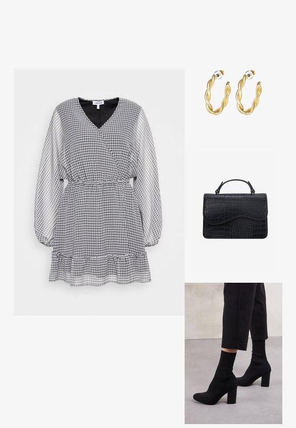 EDITED JANICE DRESS - Denné šaty - beige/black; Čierne členkové topánky na podpätku s rebrovanou ponožkovou časťou, hladkým povrchom, zaoblenou špičkou a blokovým podpätkom pre stabilitu.; Čierna kožená kabelka s krokodílou textúrou, obdĺžnikového tvaru, zakriveným chlopňou a krátkou hornou rúčkou.; Zlaté skrútené náušnice s hladkým povrchom, ktoré majú priehľadný podklad a zlatý hardware.