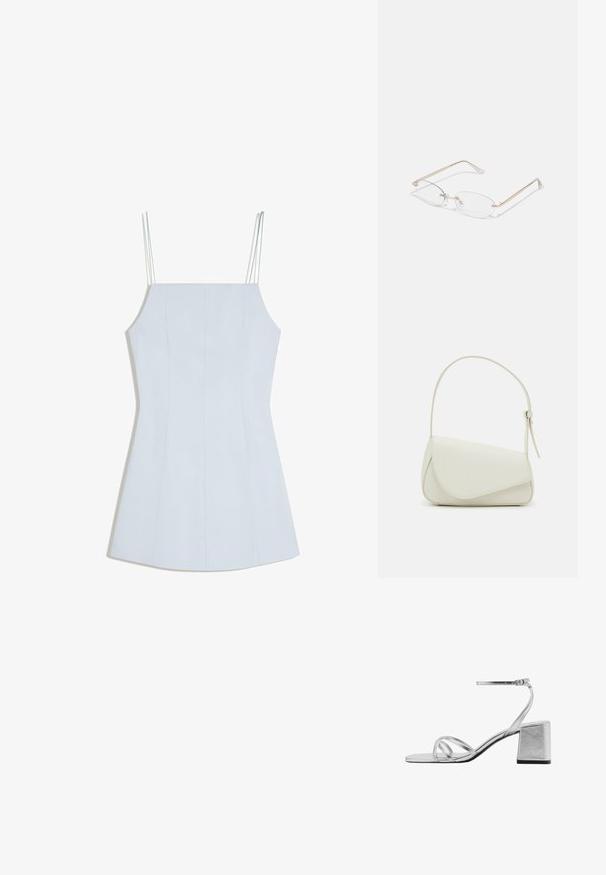Lichtblauwe mouwloze mini-jurk met dunne dubbele spaghettibandjes en lichte taillering op een witte achtergrond.; Zilveren sandaal met blokhak, voorzien van dunne kruislingse banden en een verstelbare enkelband. Gladde metallic afwerking.; Gouden metalen bril met ovale lenzen, slanke armen en transparante neus pads. Heeft subtiele scharnieraccenten en transparante lenzen.; Witte nepleren handtas met een gestructureerde driehoekige vorm, een enkele verstelbare schouderriem en een klep met ronde accenten.