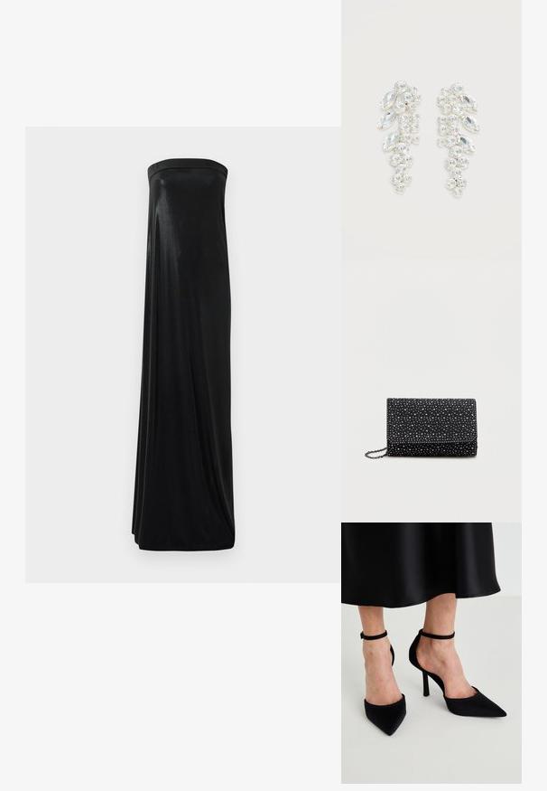 Schwarzes, trägerloses Maxikleid aus glattem, glänzendem Stoff. Es hat ein figurbetontes Oberteil und eine fließende Silhouette, die den Boden erreicht, ohne Verzierungen.; Schwarze spitze High Heels aus glattem Stoff mit einem Stiletto-Absatz und einem schmalen Knöchelriemen, mit einem offenen Seitendesign.; Schwarze Clutch-Tasche mit Klappe, aus strukturiertem Material gefertigt, verziert mit gleichmäßig über die Oberfläche verteilten silbernen Nieten. Mit einer Kettenriemen ausgestattet.; Paar silberfarbene Ohrringe mit gruppierten klar facettierten Kristallen in runden und Marquise-Formen auf weißem Hintergrund.