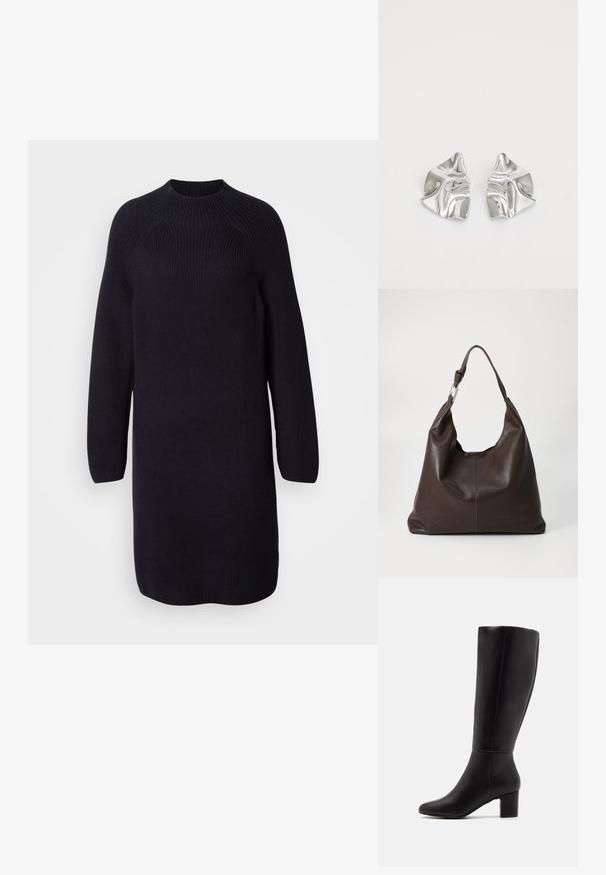 Gebreide zwarte sweaterjurk met een hoge halslijn, lange raglanmouwen en een relaxte pasvorm, voorzien van ribbelstructuur over de hele jurk.; Anna Field by Zalando Laarzen - black; Zign by Zalando LEATHER - Shopper - chocolate brown; Zilveren metalen oorbellen met een golvend, sculpturaal ontwerp, voorzien van een gepolijste afwerking en onregelmatige vormen, die een hedendaagse esthetiek benadrukken.