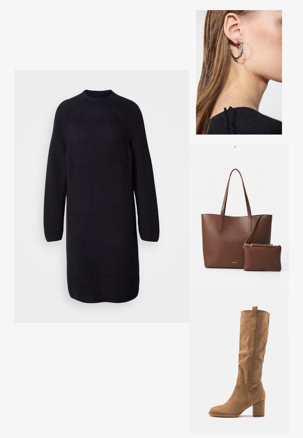 Robe pull noire en tricot avec un col haut, de longues manches raglan et une coupe décontractée, présentant une texture côtelée sur l'ensemble.; Botte en daim beige hauteur genou avec un talon bloc, présentant des accents cousus et une silhouette épurée pour un look moderne.; Sac fourre-tout en simili cuir marron avec deux longues poignées et une pochette assortie. La surface présente un motif texturé et des accents en métal doré.; Boucle d'oreille en argent avec une finition polie, présentant de petits détails en or et de forme ronde, portée sur le lobe.