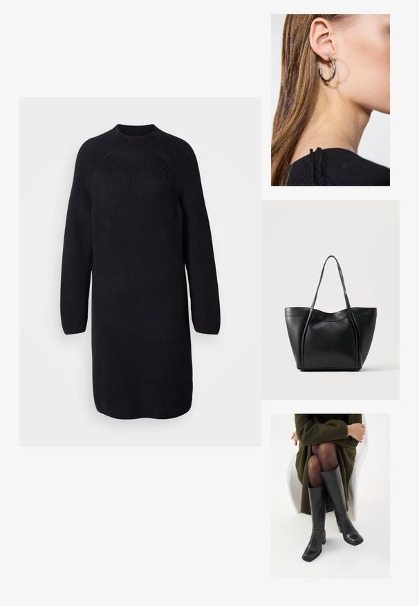 Robe pull noire en tricot avec un col haut, de longues manches raglan et une coupe décontractée, présentant une texture côtelée sur l'ensemble.; Bottes en cuir noires arrivant au genou, avec un bout carré et un talon carré, présentées sur un modèle assis dans un manteau vert olive. Texture lisse, détails minimaux.; Sac cabas en cuir noir avec deux longues anses et un bord supérieur légèrement incurvé, présenté sur un fond clair uni.; Boucle d'oreille en argent avec une finition polie, présentant de petits détails en or et de forme ronde, portée sur le lobe.