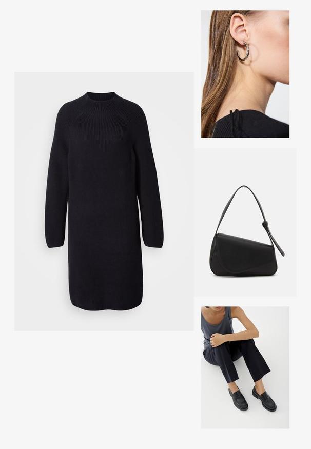 Vestido de suéter negro de punto con un cuello alto, mangas largas tipo raglán y un corte relajado, que presenta una textura acanalada en todo su diseño.; Mocasines de cuero negro con detalles texturizados, tacón bajo, puntera redonda y costuras visibles. Modelo vistiendo pantalones oscuros y una blusa gris.; Bolso de mano de cuero negro con forma triangular, tapa en ángulo y un asa superior redondeada. Presenta una textura suave y detalles de diseño minimalistas.; Pendiente de aro de plata con un acabado pulido, que presenta pequeños detalles en dorado y una forma redonda, llevado en el lóbulo.
