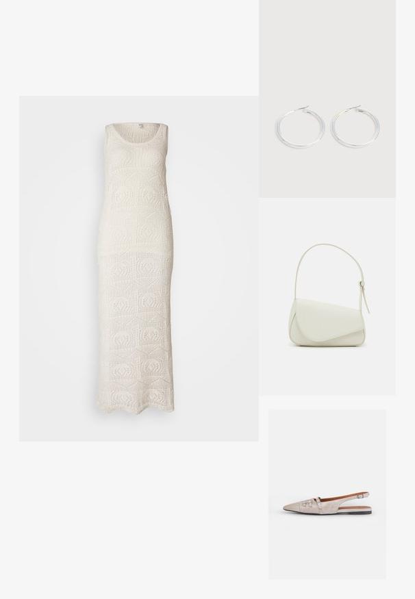 Robe longue sans manches en crochet blanc cassé, décorée de motifs géométriques, avec un tissu texturé et une coupe longue.; Chaussure slingback beige clair avec un bout pointu, une texture en daim doux, ornée de deux boucles décoratives et d'un petit talon plat.; Sac à main en cuir synthétique blanc avec une forme triangulaire structurée, une bandoulière unique réglable et un rabat à courbes accentuées.; Paire de boucles d'oreilles créoles argentées brillantes avec fermoirs en fil fin, présentée sur un fond gris clair.