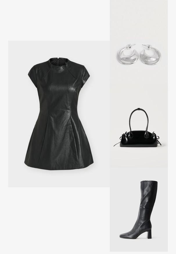 Robe noire en simili cuir à manches courtes, corsage ajusté, jupe évasée et col montant avec fermeture éclair au dos.; Botte en cuir noir, hauteur genou, à bout pointu et à talon épais. Texture lisse avec un design élégant et des détails de couture subtils.; Petit sac à main noir brillant avec deux longues anses et des détails à cordon sur les côtés sur un fond clair uni.; Une paire de boucles d'oreilles en croissant argenté poli avec des supports en plastique transparent sur une surface blanche.