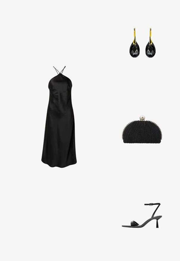 Zwarte satijnen halternekjurk met een aansluitende lijfje, een vloeiende silhouet en zijsplitten voor bewegingsgemak. Dunne kruislings loper op de rug.; Bershka Sandalen met hoge hak - black; Zwarte avondclutch met gestructureerde stof, omlijst door een rij kleine parels en een grote parelsluiting bovenop.; Zwarte kristallen druppeloorbellen met een teardrop-vorm, voorzien van een gepolijste gele gouden haak. Het kristal is gefacetteerd voor extra sprankeling.