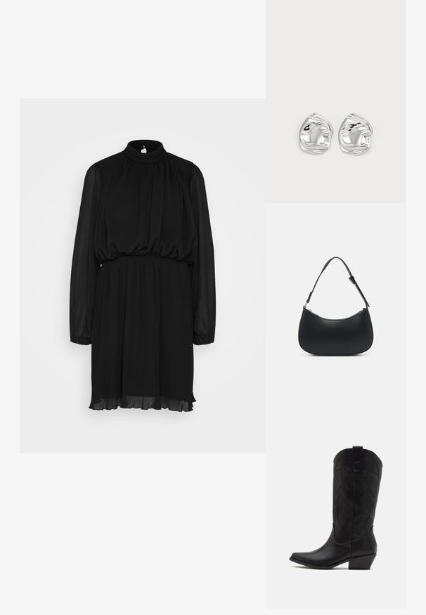 Selected SLFSIMONE SHORT DRESS - Cocktailkjole / festkjole - black; Sort læder cowboystøvle med spids tå, lav stablet hæl og indviklet præget bladmønster på skaftet. Strop øverst for nem påtagning.; Pieces PCALUANA SHOULDER BAG - Håndtasker - black; Sølv abstrakte stud øreringe med en poleret finish, der har glatte kurver og subtile konturer. Ingen synlige mønstre eller accenter.