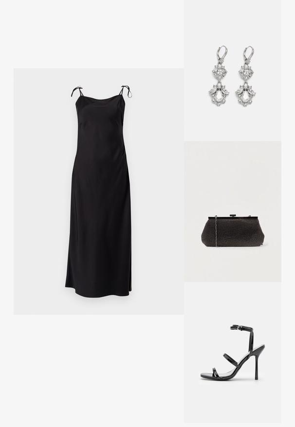 Robe noire midi avec fines bretelles ajustables, tissu lisse, coupe droit et fente sur le côté pour plus de liberté de mouvement. Aucun motif discernable.; Sandales à talons hauts en cuir verni noir avec trois sangles horizontales et une sangle de cheville ajustable. Silhouette élégante et finition brillante.; Pochette noire en mesh avec une silhouette structurée, ornée de petits clous métalliques, dotée d'une fermeture à clip et d'une bandoulière en chaîne détachable.; Boucles d'oreilles en métal argenté ornées de plusieurs pierres précieuses en cristal transparent en forme de goutte et de marquise, avec des fermoirs à levier et des détails complexes.