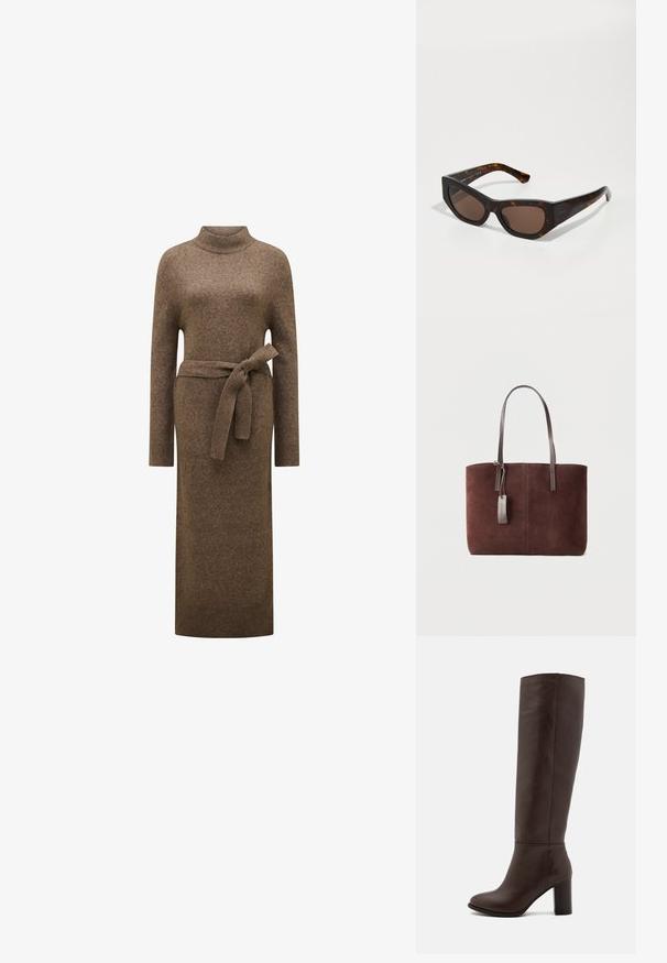 Gebreid langwerpig jurk in een warme bruine tint met een hoge hals, een ceintuur in de taille en geribde manchetten, met een rechte silhouet.; Bruine leren kniehoog laars met een blokhak, gladde textuur, ronde neus en minimale stikseldetails.; Schildpadbril met een geometrisch ontwerp, donkerbruine glazen en dikke monturen. De randen hebben scherpe sneden voor een onderscheidende vorm.; Bruine suède totebag met donkerleren handvatten en een klein leren labeltje bevestigd, tegen een effen lichte achtergrond.