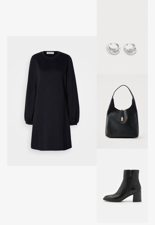 Robe noire à manches longues avec un col rond, coupe ample et poignets froncés. Tissu lisse avec un design simple et minimaliste.; Bottines noires en cuir lisse avec une fermeture éclair sur le côté. Présentent un bout pointu et un talon bloc texturé pour plus de stabilité.; Sac hobo en cuir noir à finition texturée, doté d'un fermoir doré et d'une anse incurvée unique pour un port à l'épaule.; Paire de boucles d'oreilles anneaux en argent poli avec un design de barre incurvée superposée sur un fond clair uni.