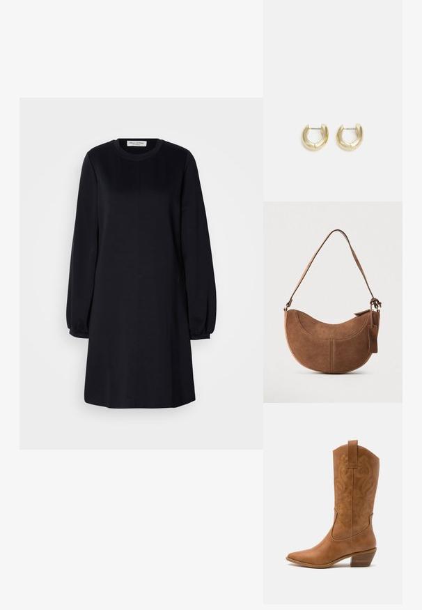 Sort langærmet kjole med rund halsudskæring, løs pasform og samlede manchetter. Glat stof med et enkelt, minimalistisk design.; Tan læder cowboystøvle med spids tå, broderede svirvelmønstre på skaftet og en stablet blokhæl. Har en træksløjfe for nem af/på.; Brun ruskinds håndtaske med en buet, halvmåneformet silhuet. Har en skulderrem, et lille mærke og synlige sømme langs kanterne.; Guld-tone hoop øreringe med en glat, poleret overflade. Har en halvcirkelform og en sikker stiftlukning.